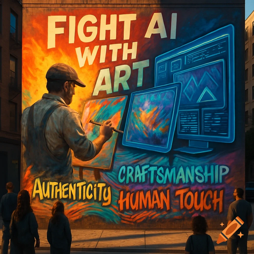A large mural on a building wall depicts a man painting next to glowing computer screens, with text 'FIGHT AI WITH ART'.