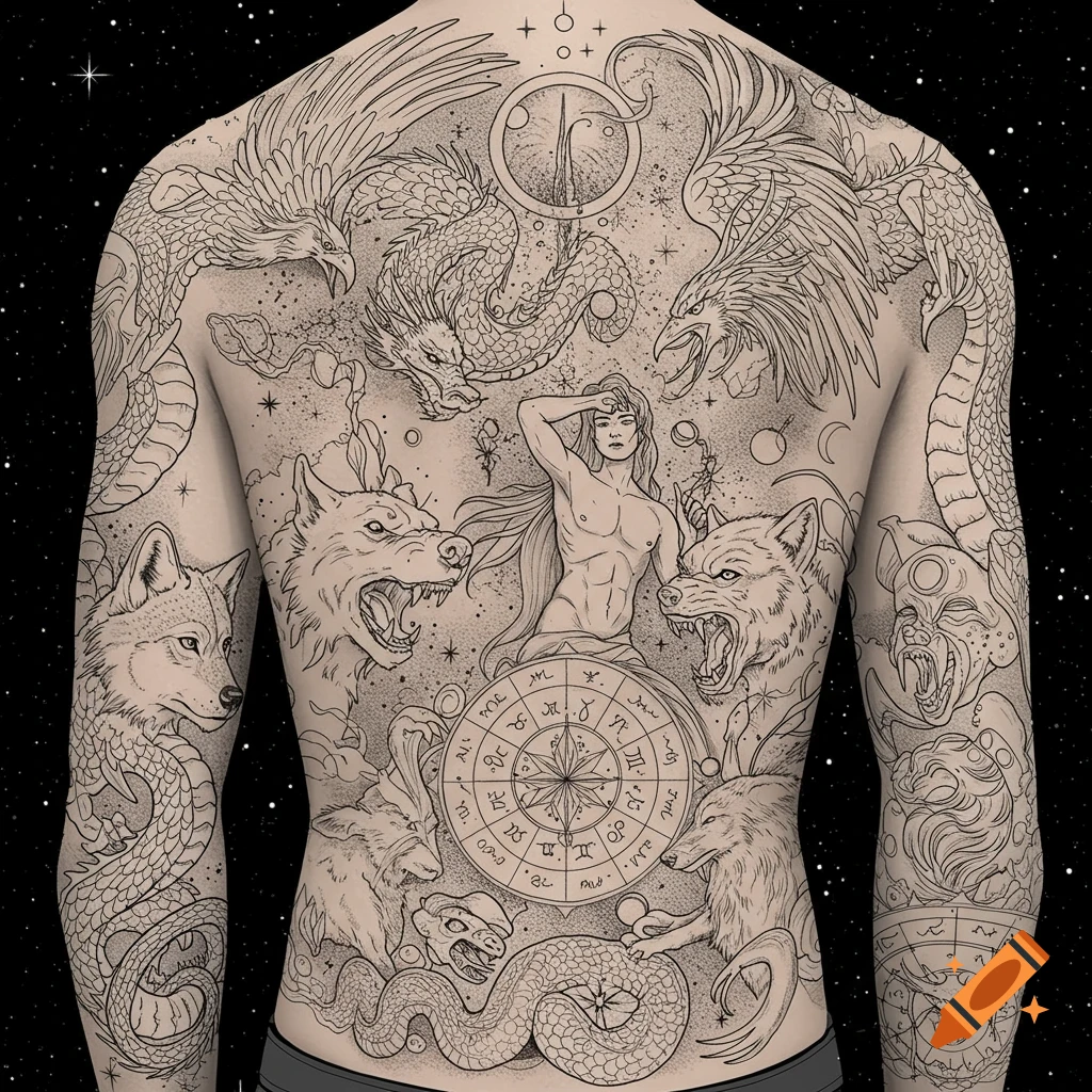 Detailed black and gray tattoo design on a person's back, featuring a siren, dragons, phoenixes, wolves, and a zodiac wheel.