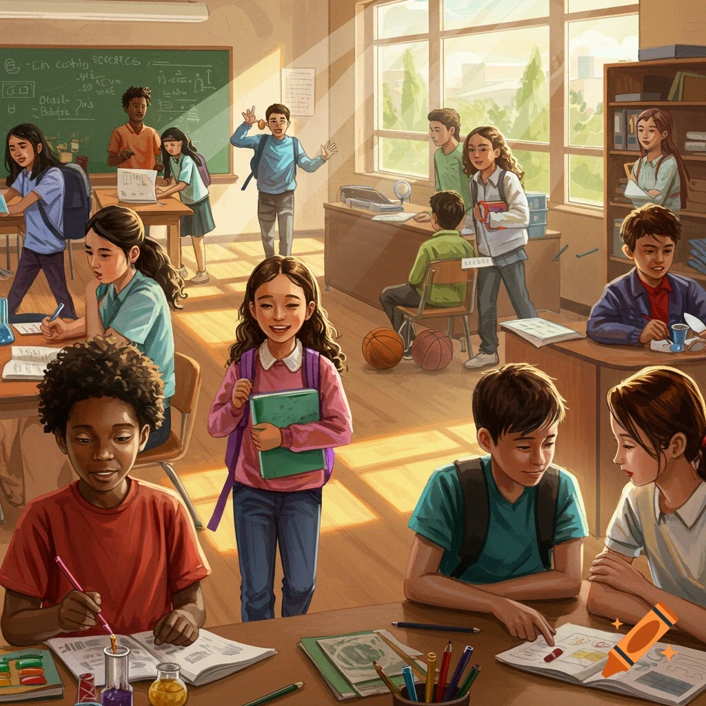 Students are busy in a brightly lit classroom, some drawing, some reading, and some talking, with sunlight streaming through large windows.