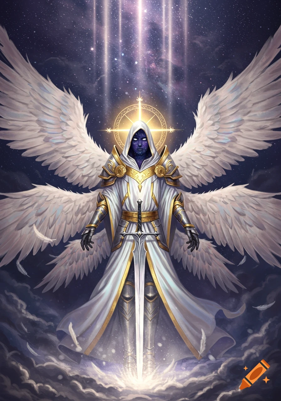 An angelic figure with a starry face, white wings, and golden armor, holding a sword, stands on clouds under a starry sky with light rays.