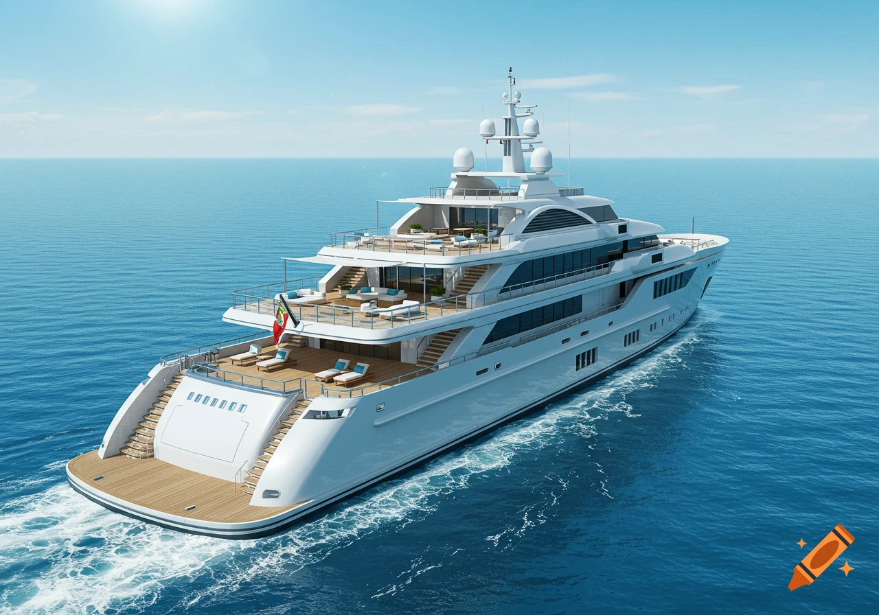 A large, white luxury mega yacht sails on a blue ocean under a clear sky.