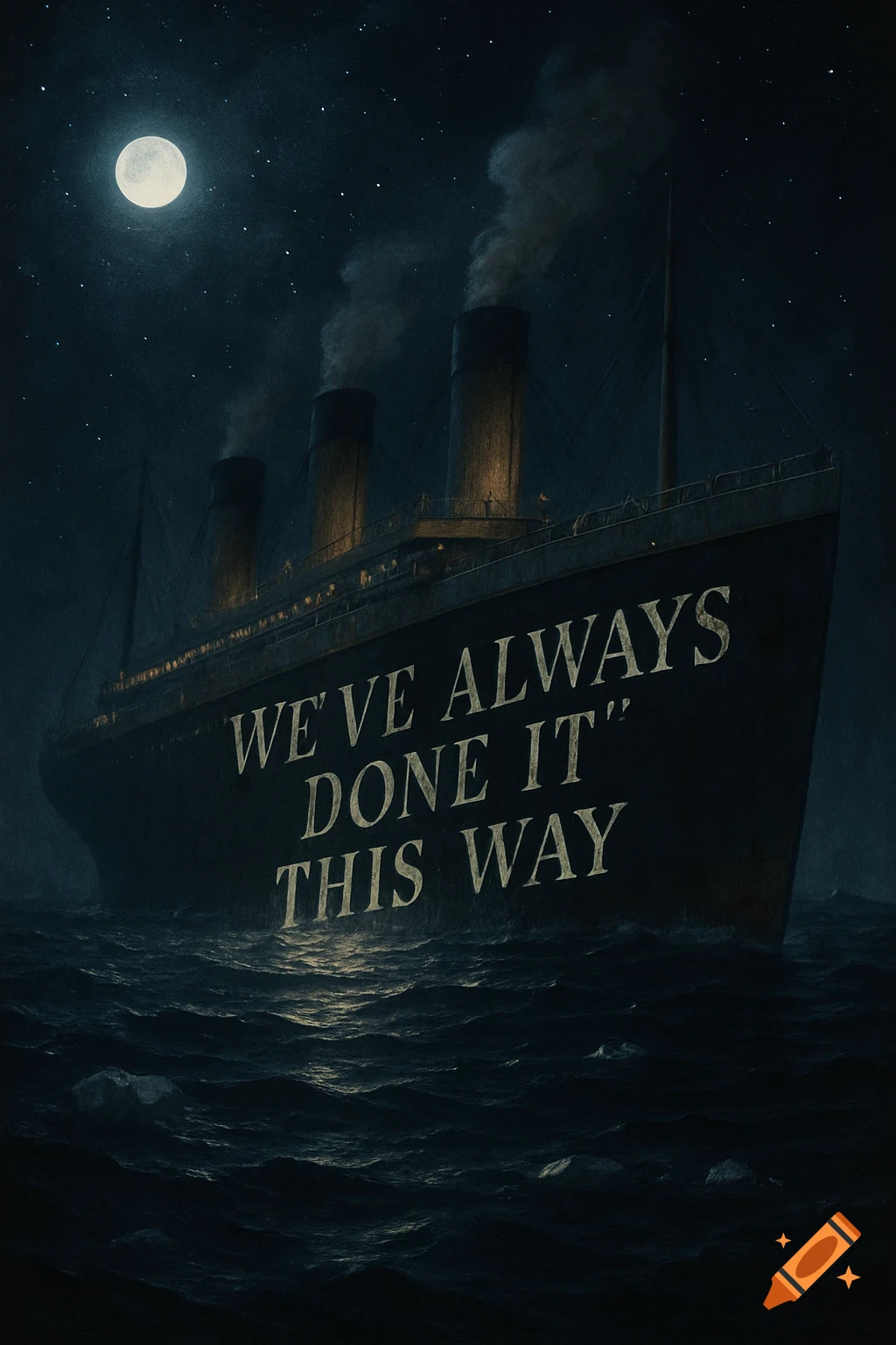 A dramatic nighttime depiction of the Titanic with the phrase "We've always done it this way" on its hull, under a full moon.