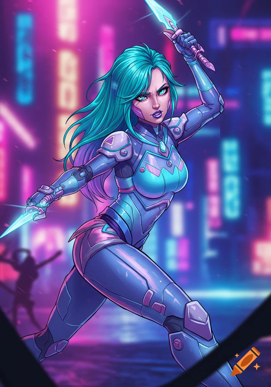 A female character in a futuristic combat suit holds glowing daggers in a neon-lit cyberpunk city, comic art style.