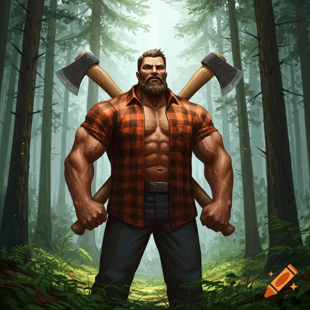 A muscular, bearded lumberjack with an open plaid shirt and abs stands in a forest, holding two axes crossed behind him. Digital illustration.