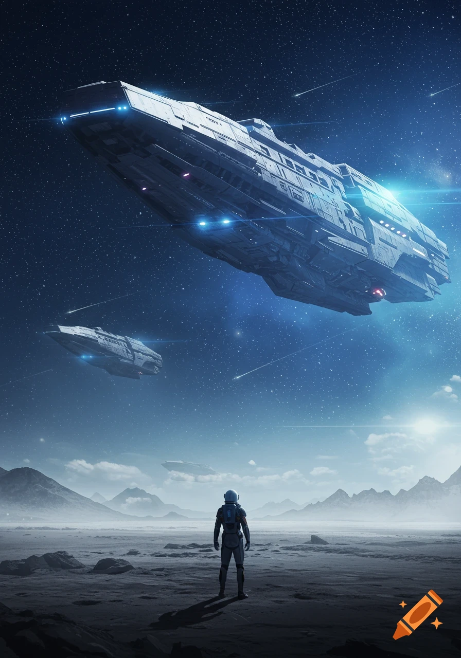 An astronaut stands on an alien planet, looking up at three large spaceships hovering in the star-filled sky.