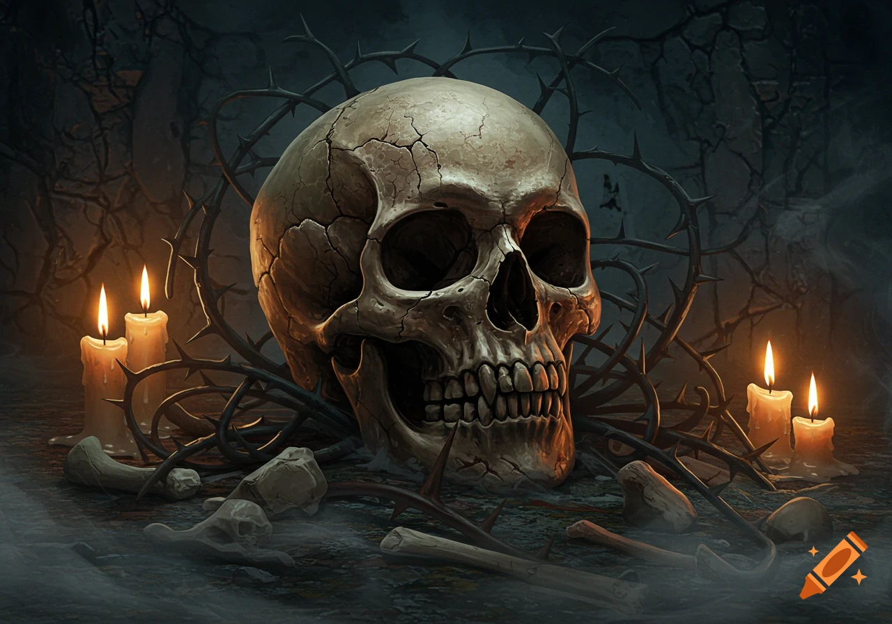 A detailed cracked skull surrounded by thorny vines and bones, lit by candles in a dark, atmospheric setting.
