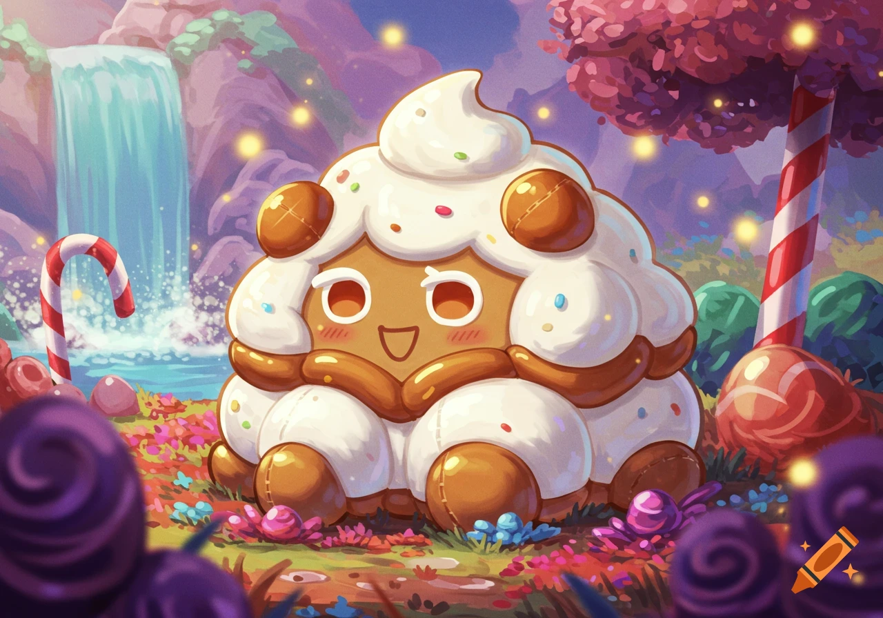 A cute, smiling Agar Agar Cookie plush sits in a vibrant, whimsical candy land with a waterfall, candy canes, and colorful plants.