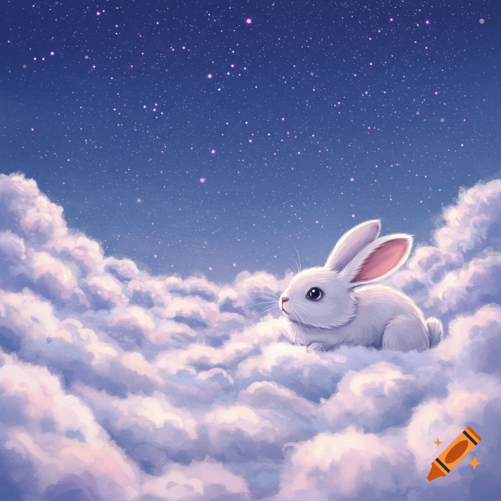A cute white bunny sits on fluffy purple clouds under a dark blue starry night sky in an illustration.
