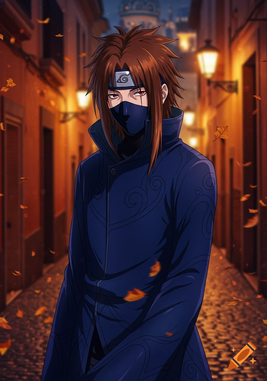 Anime character resembling Kakashi with long brown hair, wearing a dark coat and mask, standing on an autumn street lit by lanterns at dusk.