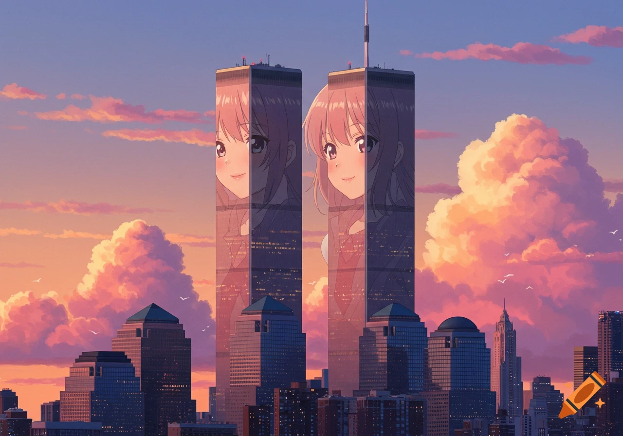Two skyscrapers resembling the Twin Towers, with anime girl faces reflected on their surfaces, against a sunset sky with orange and purple clouds in an anime art style.