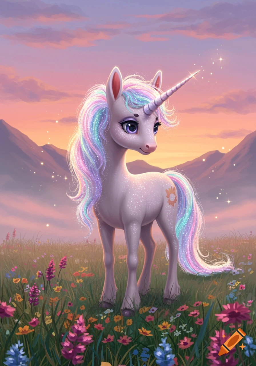 A cute cartoon unicorn with a sparkling rainbow mane and tail stands in a field of colorful wildflowers at sunset.