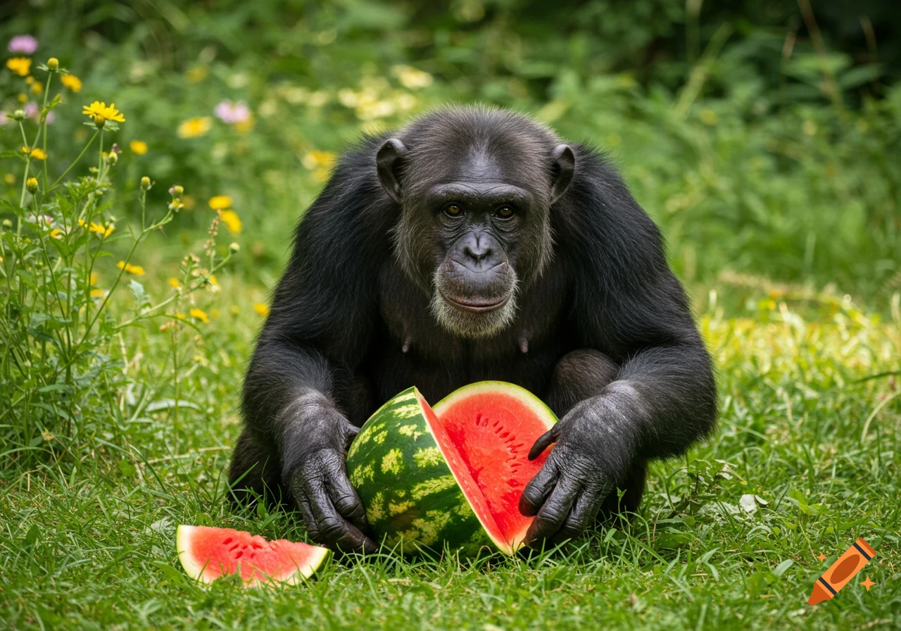 A chimpanzee sits in green grass, holding a half-eaten watermelon with a slice beside it.