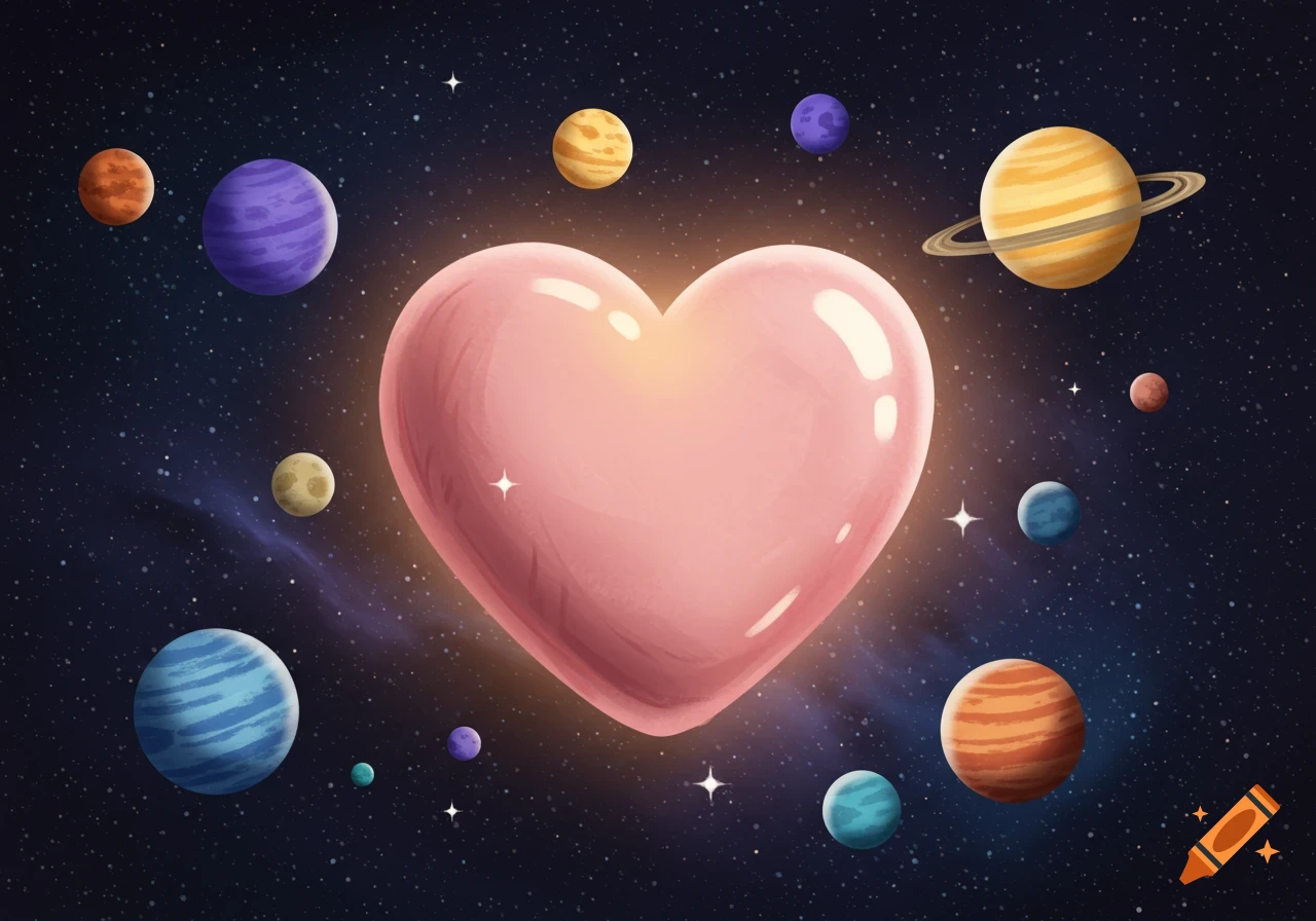 A large, glowing pink heart floats in a dark starry space, surrounded by various colorful planets of different sizes.