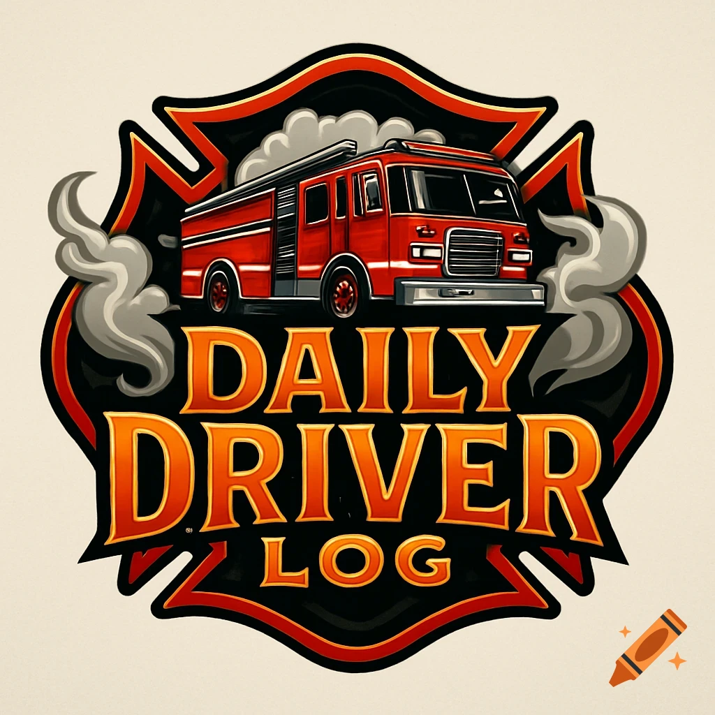 A logo featuring a red fire truck on a black and red Maltese cross emblem, with 'DAILY DRIVER LOG' text and gray smoke.