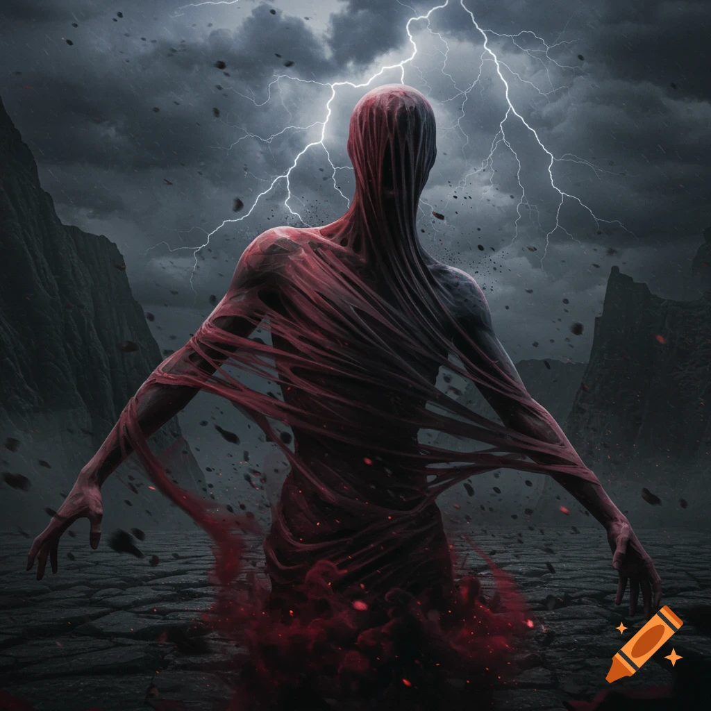 A dark, shredded figure on cracked ground under a stormy, lightning-filled sky with mountains.