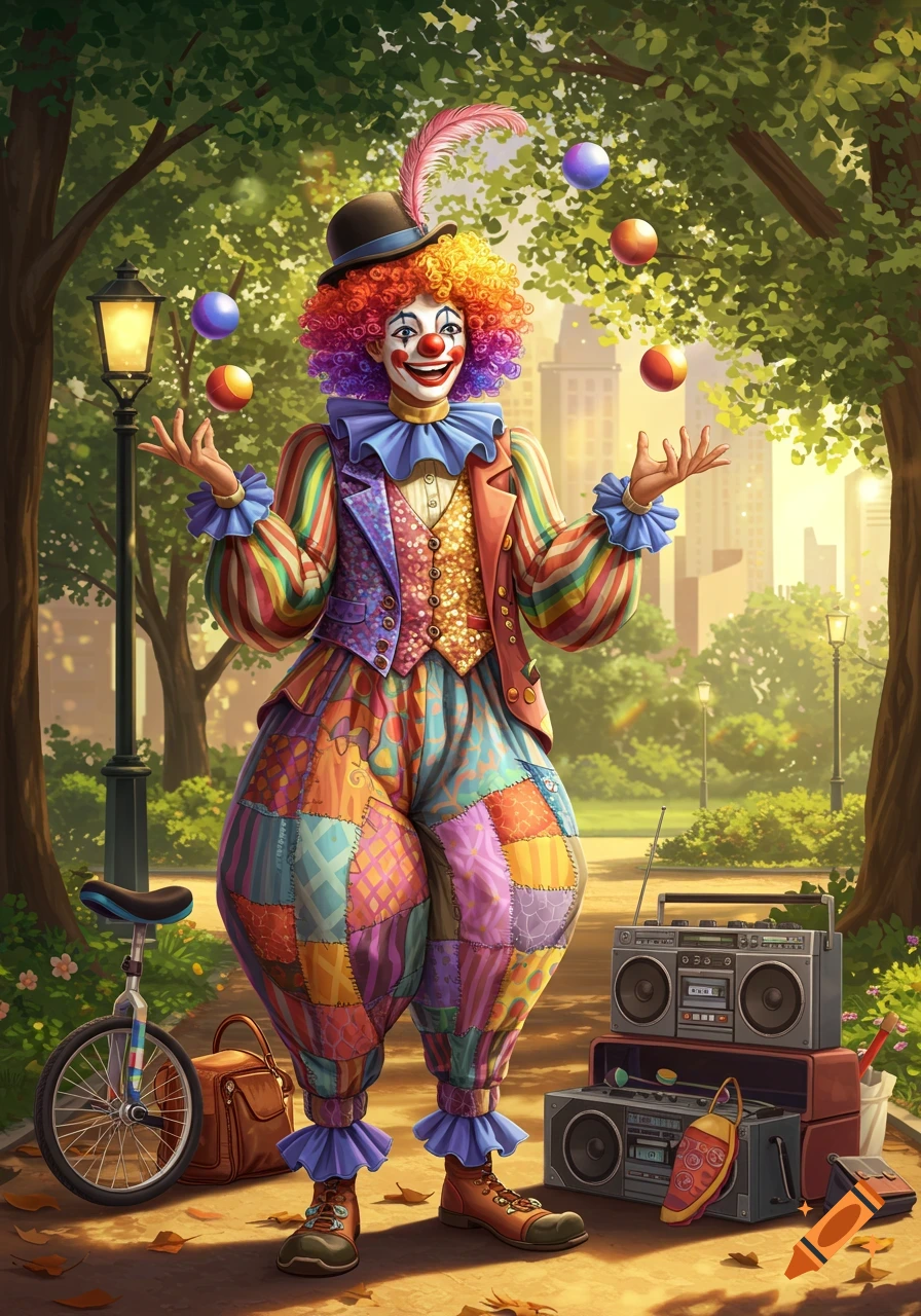 A vibrant illustration of a clown in a colorful patched suit juggling in a sunny park with a unicycle and boomboxes nearby.