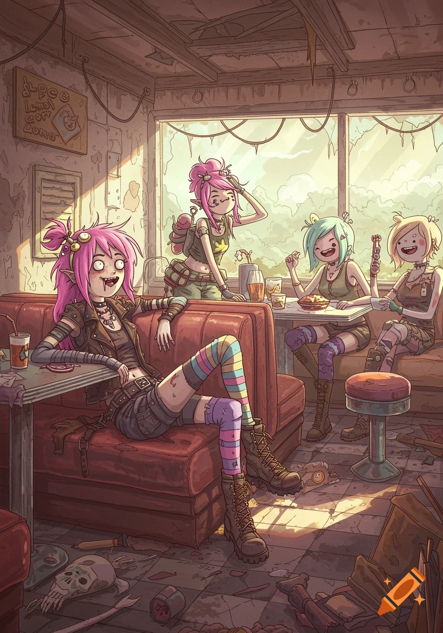 Four colorful cartoon girls in a dilapidated diner in an Adventure Time style, one with pink hair and fangs, others smiling.