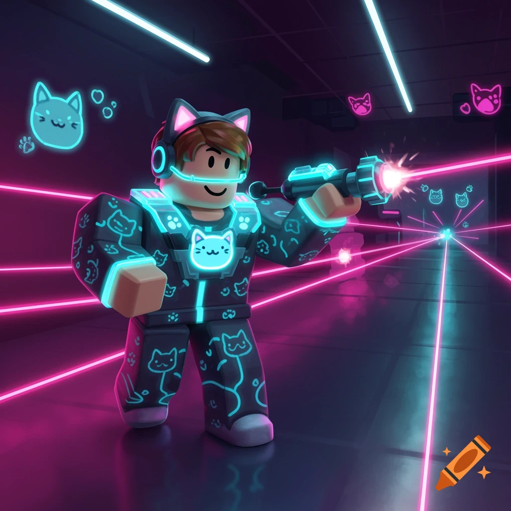 A Roblox character in a dark, neon-lit laser tag arena, wearing a cat-themed suit, firing a laser gun at floating cat head targets.
