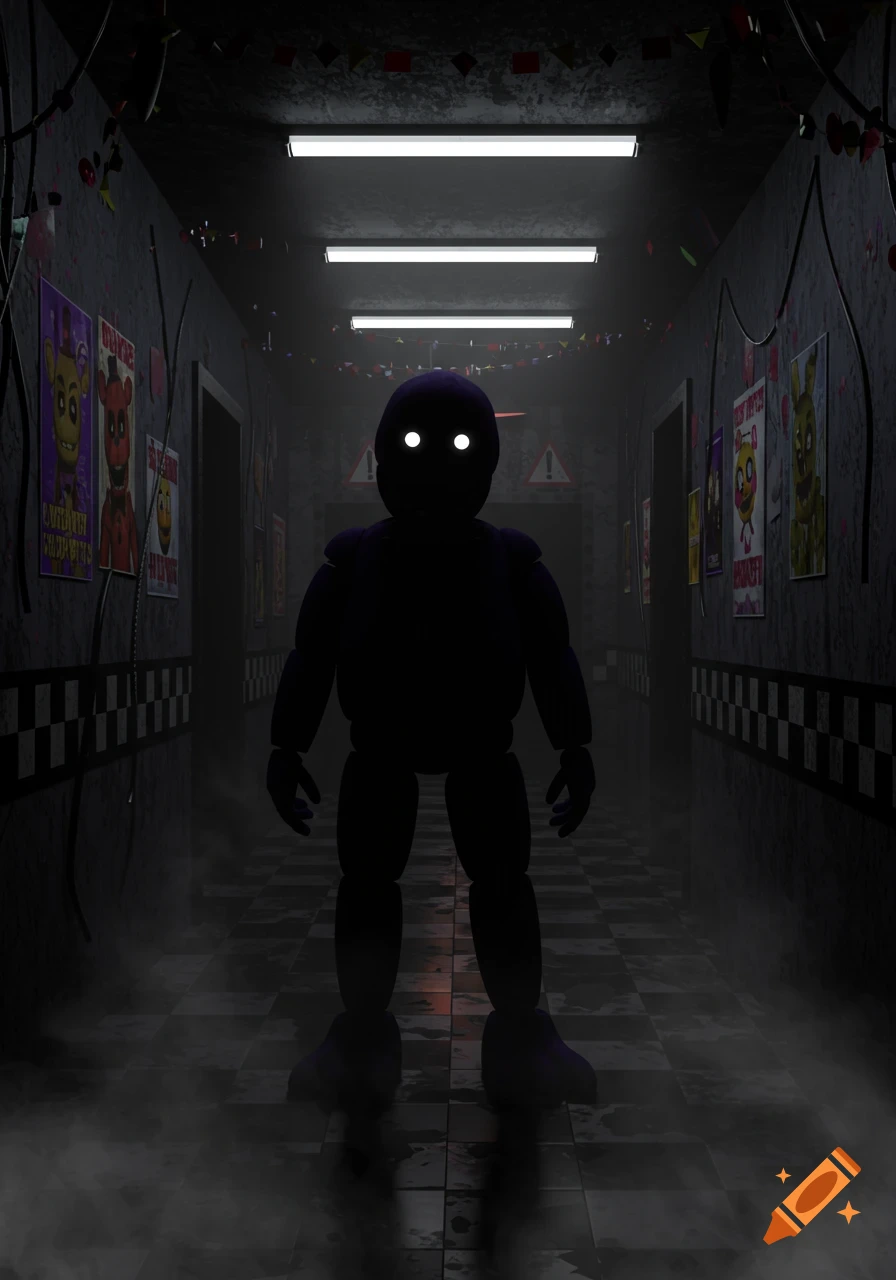 A shadowy purple figure with glowing white eyes stands in a dark, foggy hallway with checkered floors and posters on the walls, in the style of Five Nights at Freddy's.