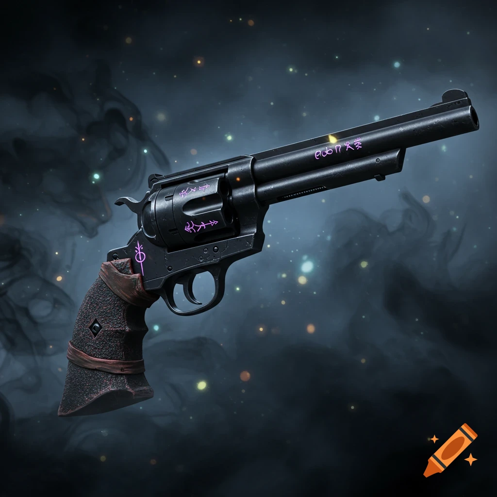 A dark, ornate revolver with glowing purple runic symbols, set against a mystical, smoky background with shimmering lights.