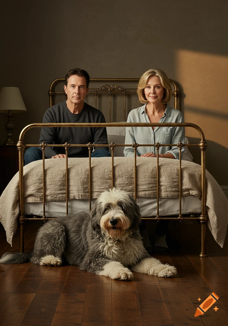 A middle-aged man and woman sit behind an antique iron bed, with an Old English Sheepdog lying on the wooden floor in front of the bed.