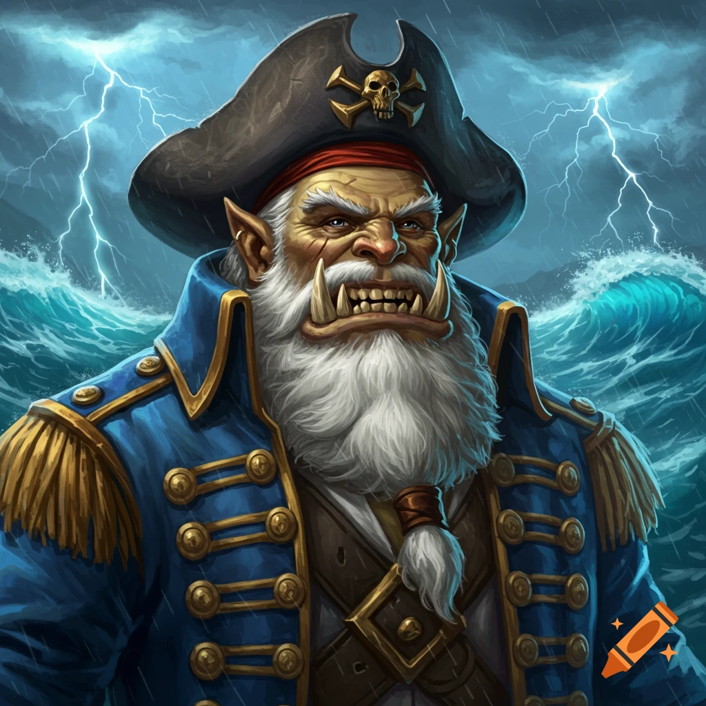 A grumpy orc pirate with a white beard and blue captain's uniform stands on a stormy sea with lightning.