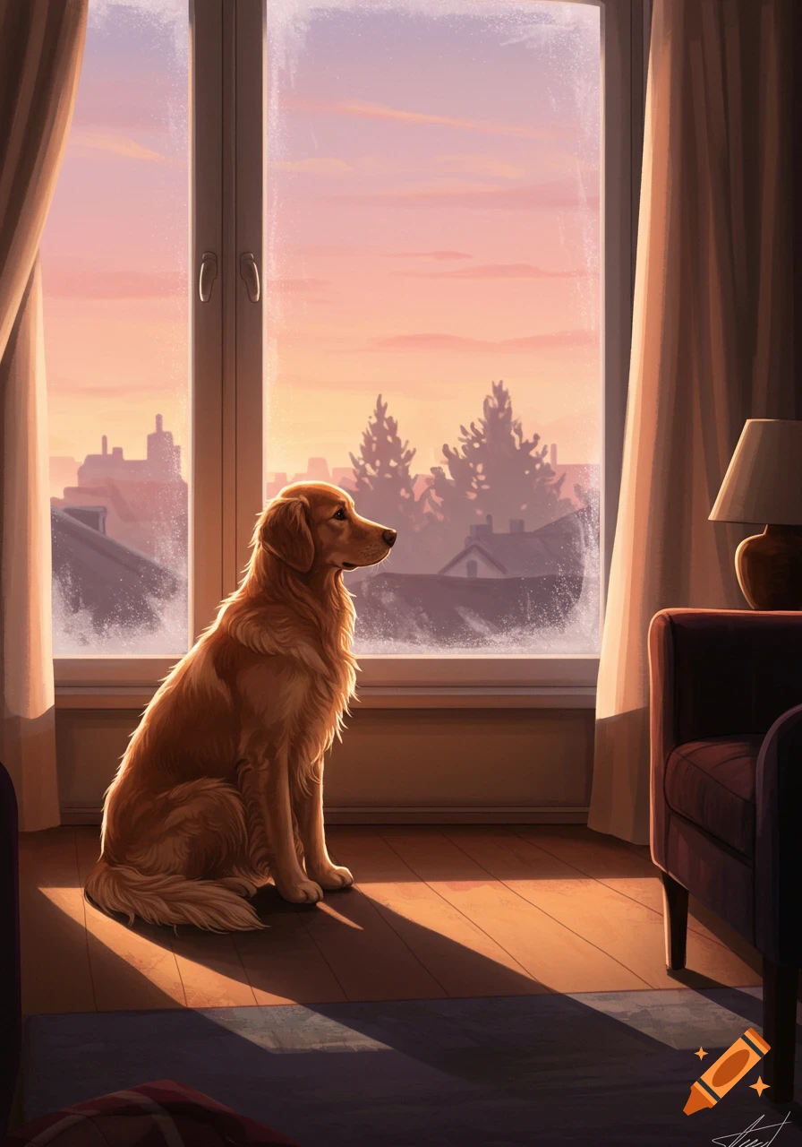 A golden retriever sits by a large window, gazing at a pink and orange sunrise over a city skyline, in an illustrated style.
