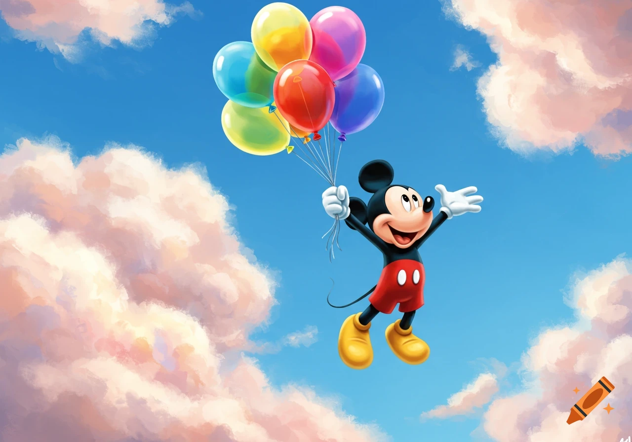 Mickey Mouse joyfully flies through a bright blue sky, holding a large bunch of colorful balloons.