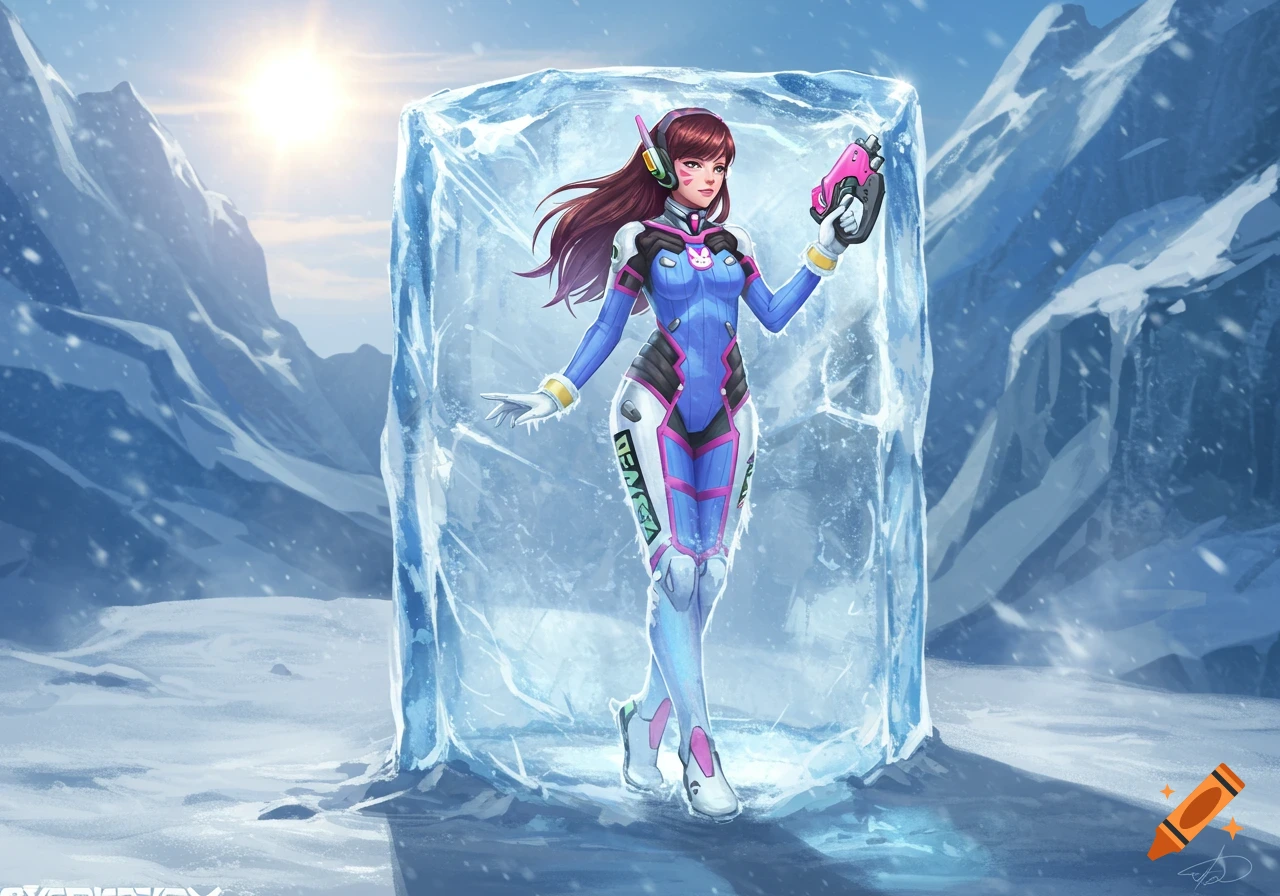 D.va, the Overwatch character, frozen in a large block of ice in a snowy mountain landscape.