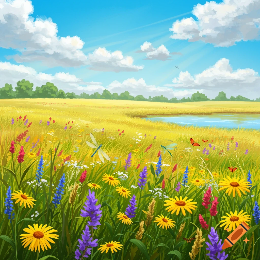 A vibrant summer meadow with colorful wildflowers, tall green and golden grass, a small pond, and a bright blue sky with fluffy white clouds.
