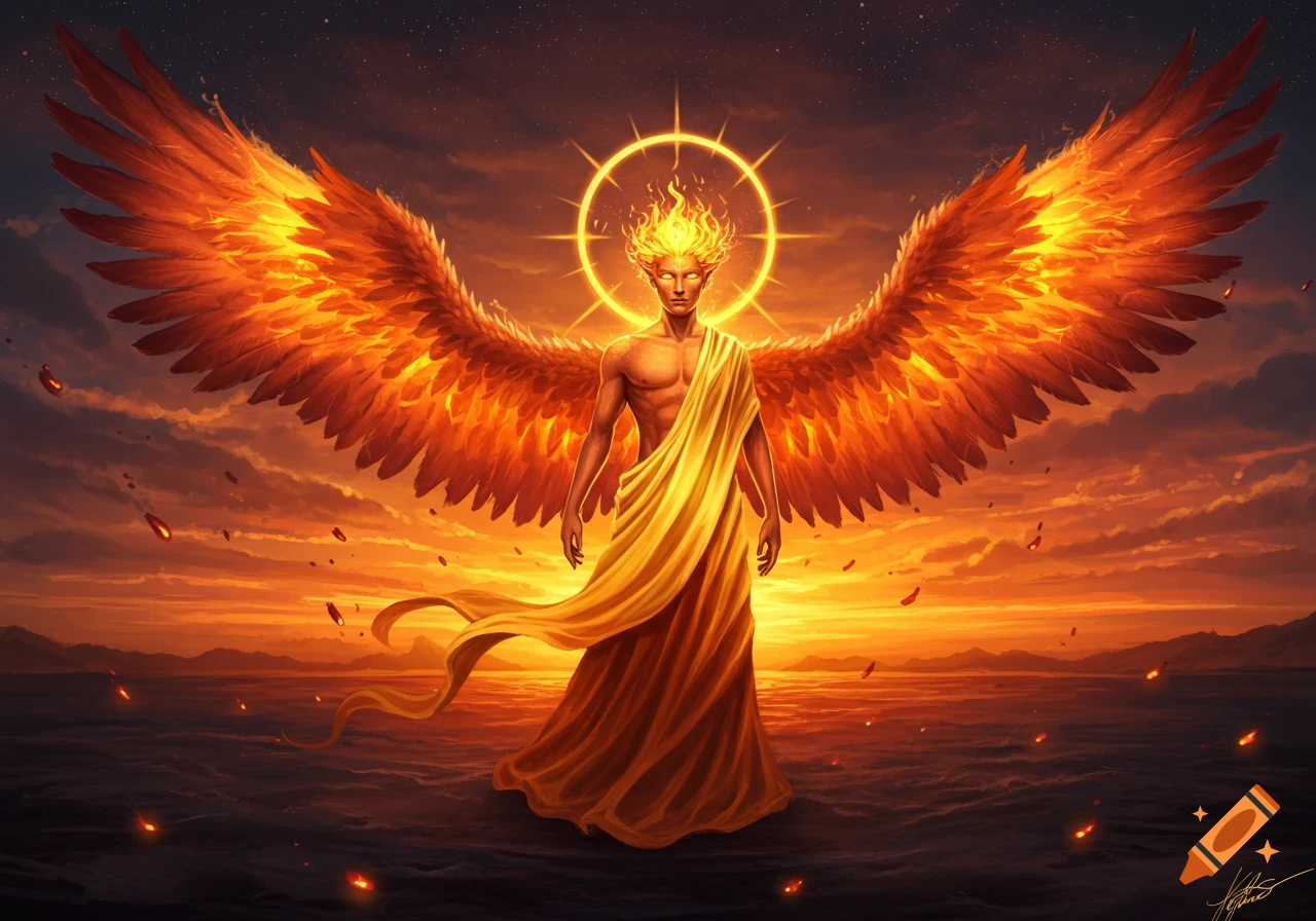 A divine being with fiery hair and large orange wings stands on dark ground under a dramatic sunset sky, a glowing halo above its head.