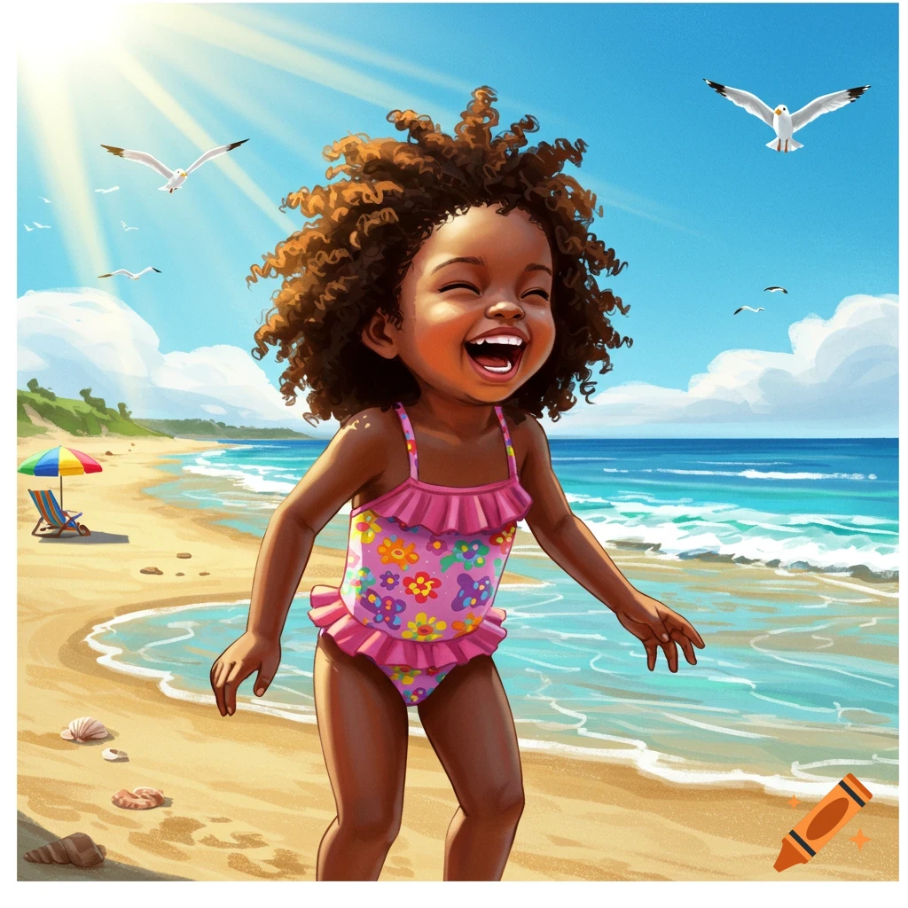 A cheerful cartoon girl with curly hair in a pink swimsuit laughs on a sunny beach with waves and seagulls.