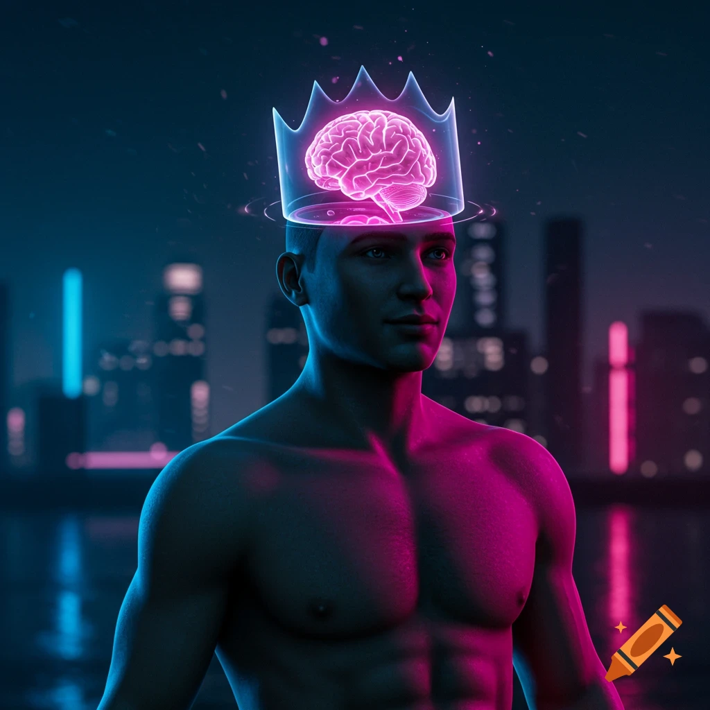 A man wearing a transparent crown with a glowing pink brain, standing in front of a neon-lit city at night.