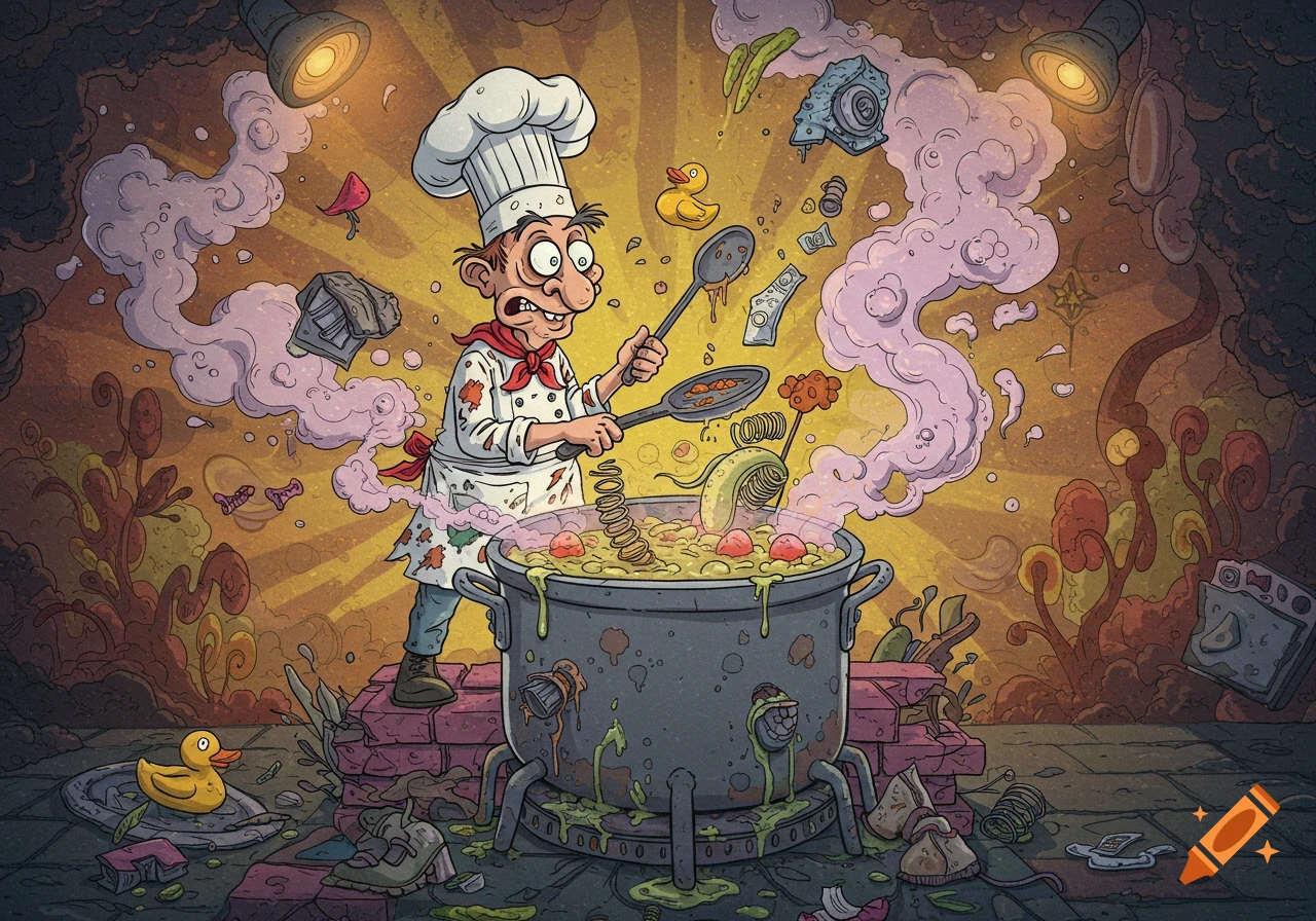 A cartoon chef frantically cooks in a chaotic, messy kitchen, with strange items like a rubber duck and a shoe flying out of a bubbling pot, in a MAD art style.