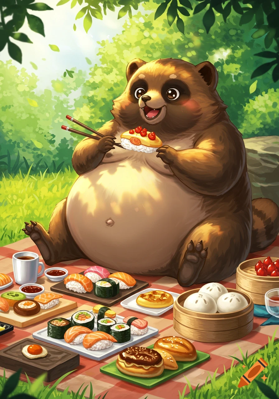 A cute, portly tanuki enjoys a picnic in a green forest, happily eating sushi and other foods in a vibrant cartoon style.