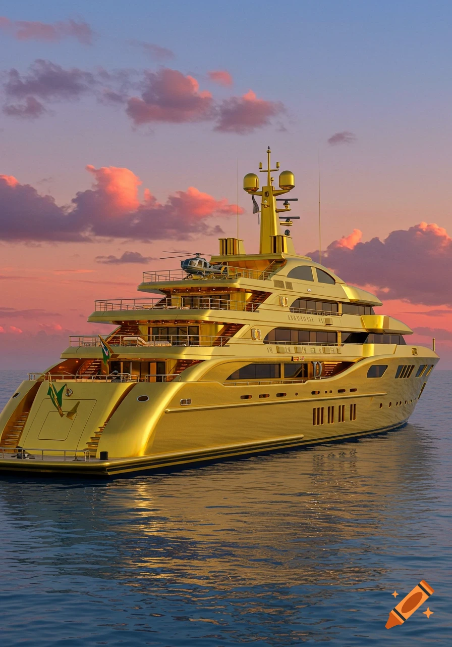 A luxurious golden yacht floats on calm water under a pink and orange sunset sky.