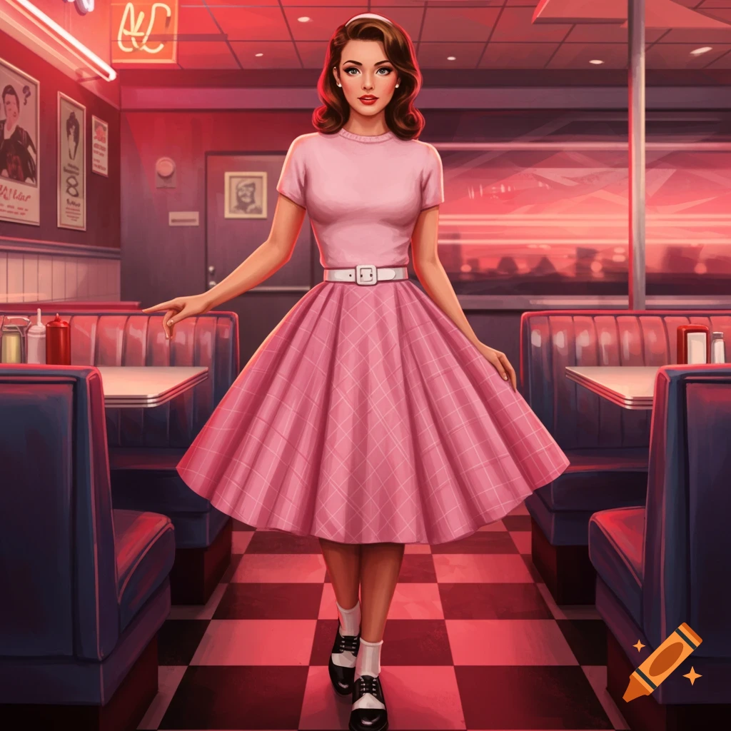A woman in a pink 1950s outfit, including a plaid skirt and saddle shoes, stands in a retro diner with red booths and a checkered floor.