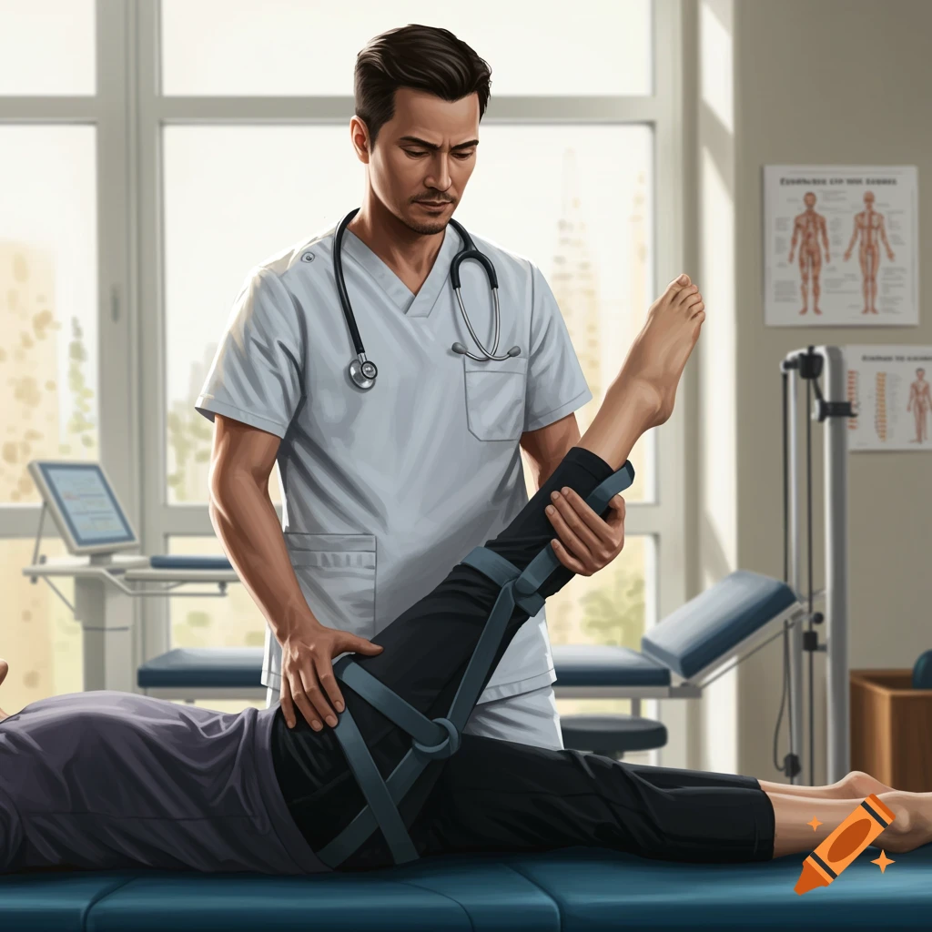 A male doctor in medical scrubs assists a patient lying on a bed with leg exercises in a physical therapy room.