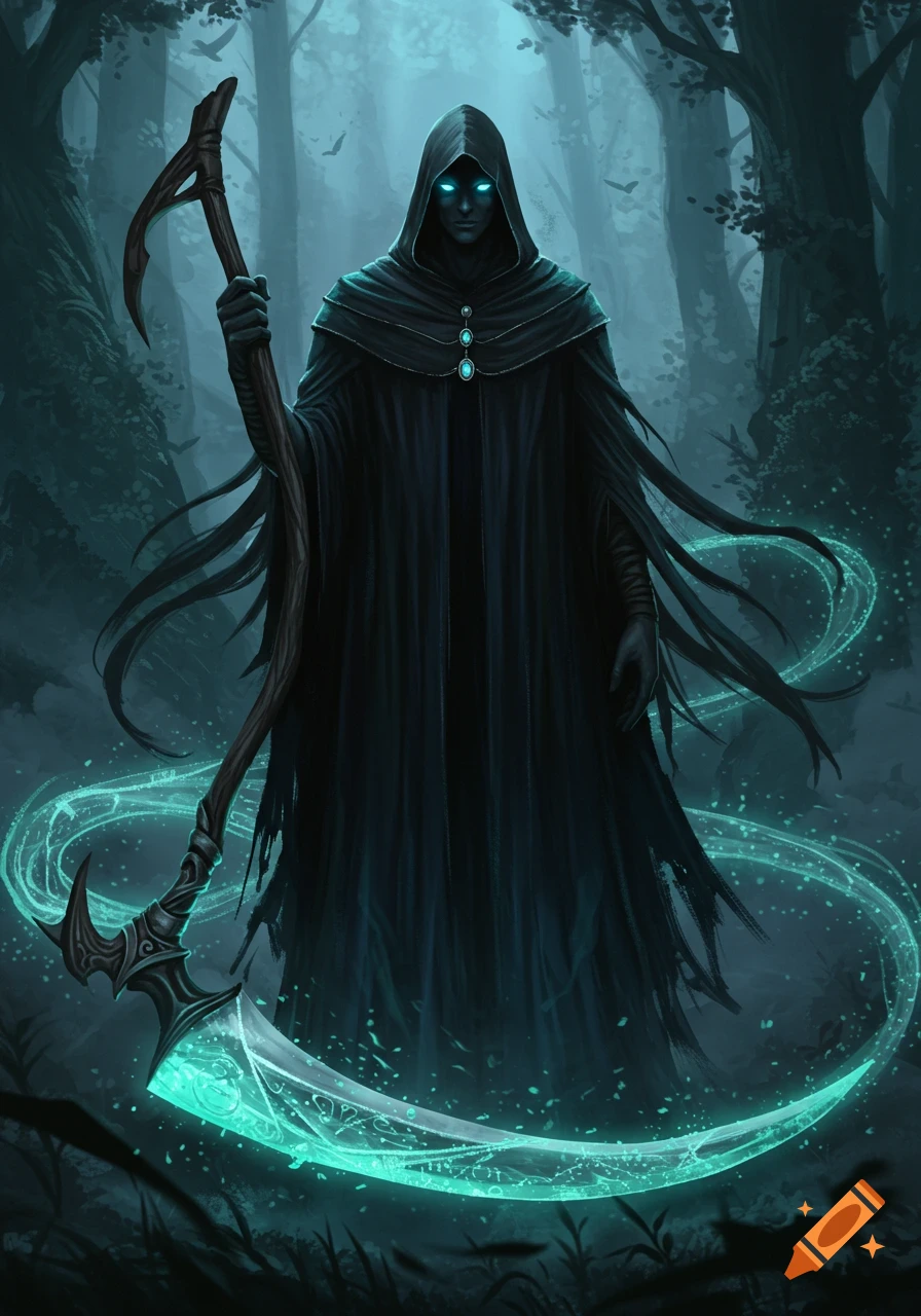 A dark cloaked figure with glowing blue eyes stands in a misty forest, holding a large glowing turquoise scythe.