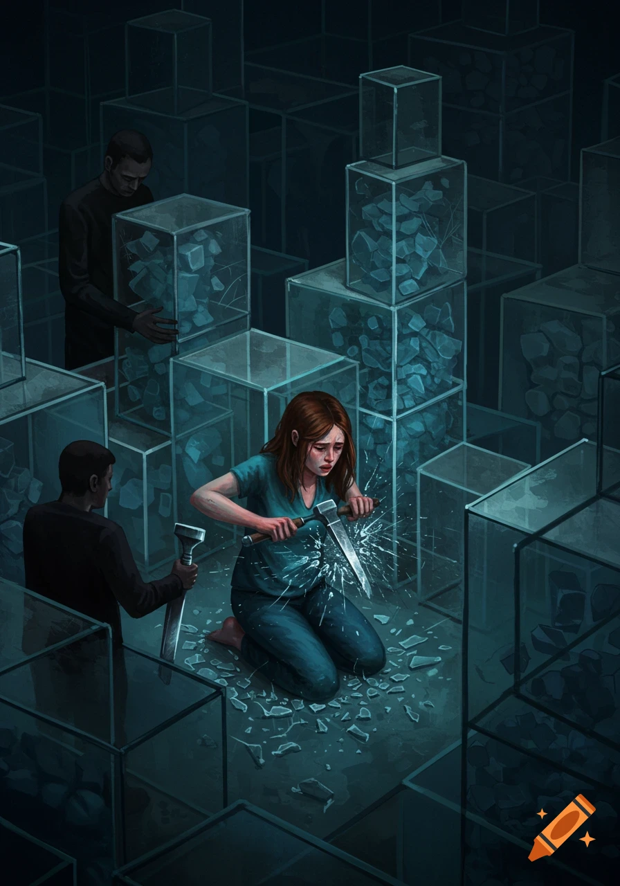 Crying woman kneels, breaking a glass box with a pickaxe amidst a maze of glass boxes, as men add more. Stylized art.