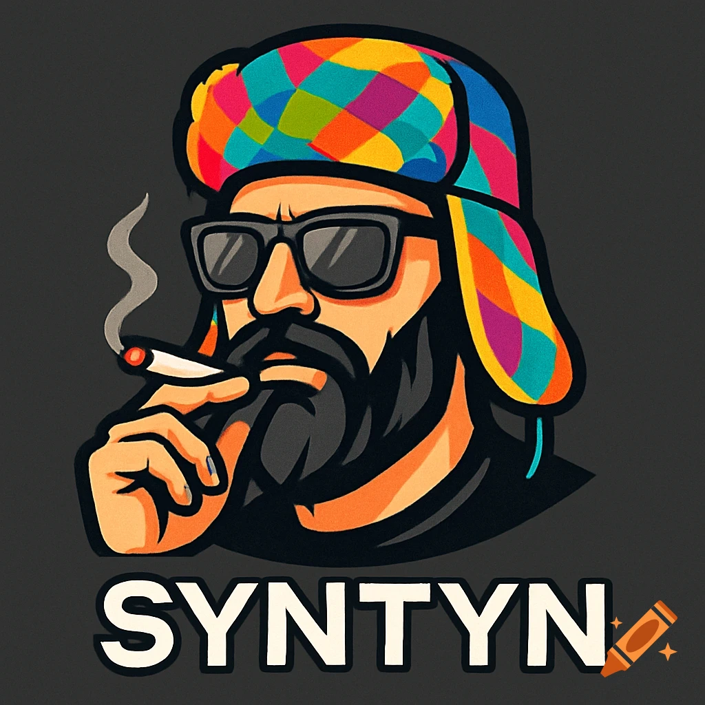 A cartoon logo of a bearded man wearing sunglasses and a colorful ushanka hat, smoking a joint. Below him, the word 'SYNTYN' is displayed.