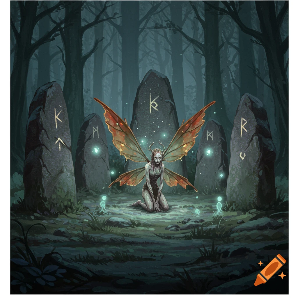 A dark fantasy illustration of a winged, antlered sprite kneeling in a misty forest clearing surrounded by glowing spirits and ancient runic standing stones.