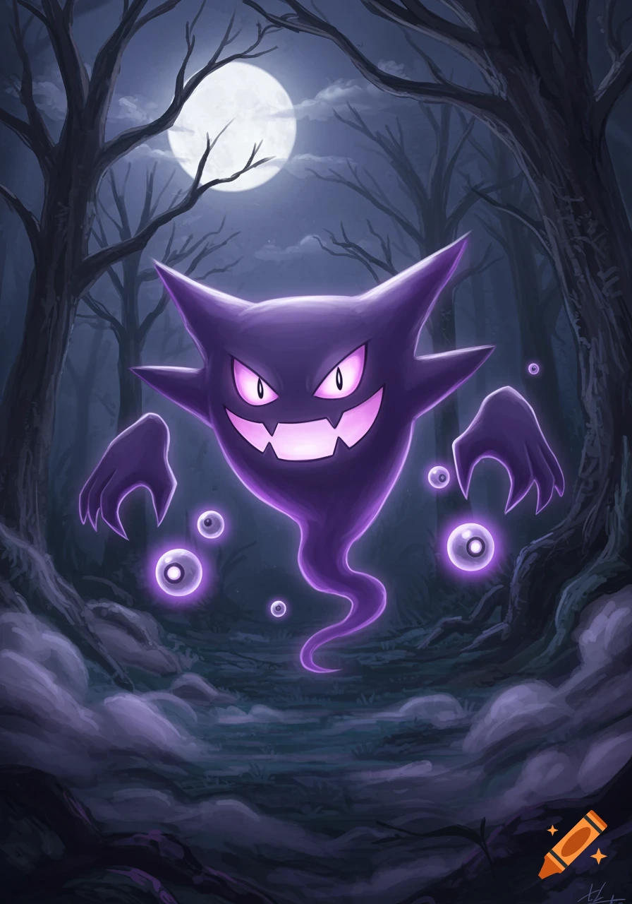 Purple ghost-like Haunter Pok mon with glowing eyes and a grin floats in a dark, moonlit forest with bare trees, in an illustrative style.