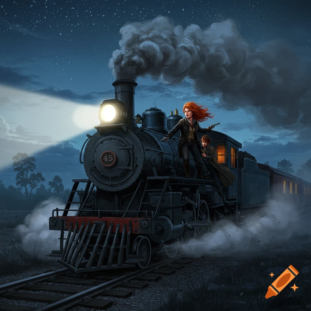 A red-haired woman with a pistol and a man ride on a steam train at night under a starry sky, headlights blazing.