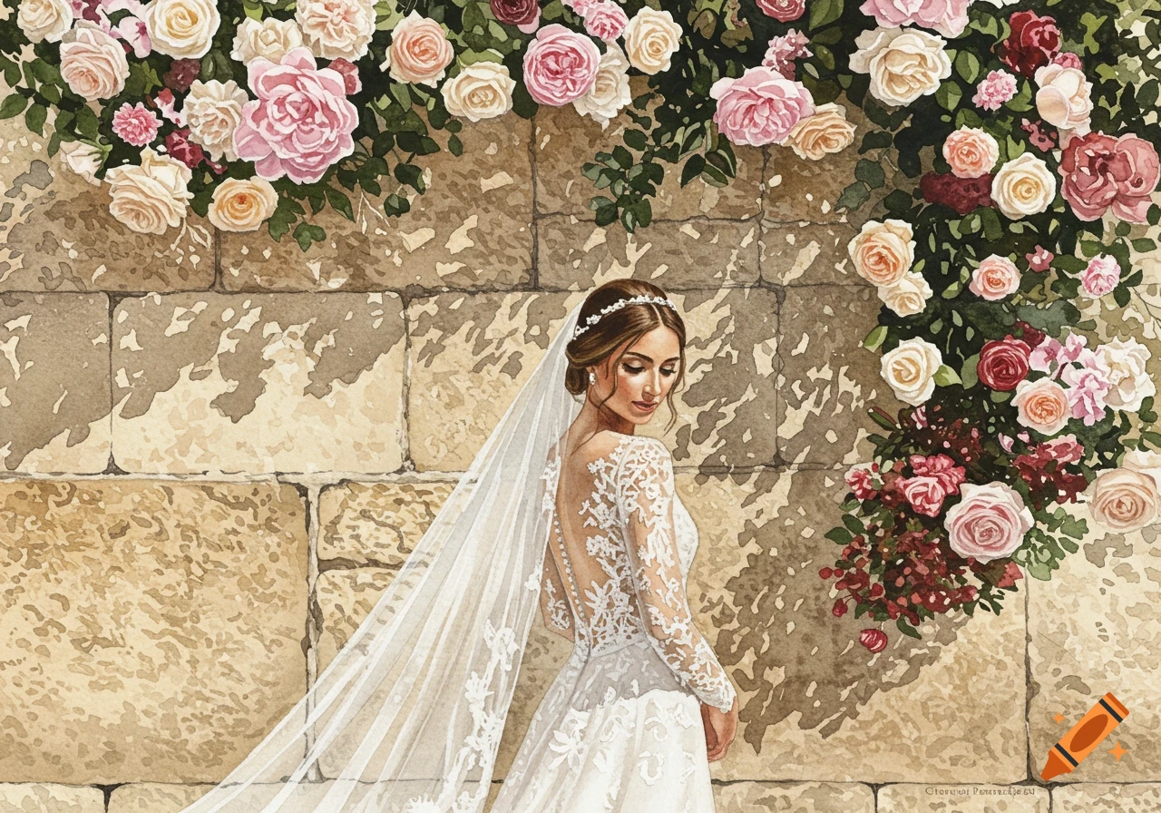 A watercolor painting of a bride in a lace wedding dress and veil, standing against a stone wall adorned with pink and white roses.