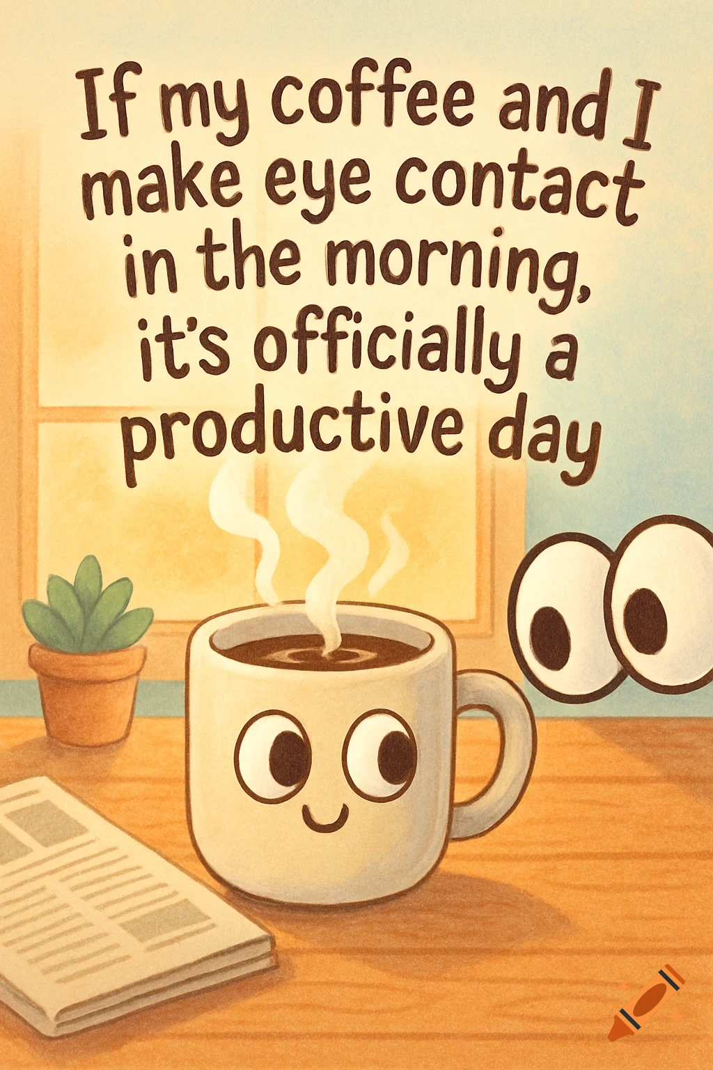 Cartoon of a smiling coffee mug, plant, and newspaper on a table, with the text 'If my coffee and I make eye contact in the morning, it R12;s officially a productive day.'