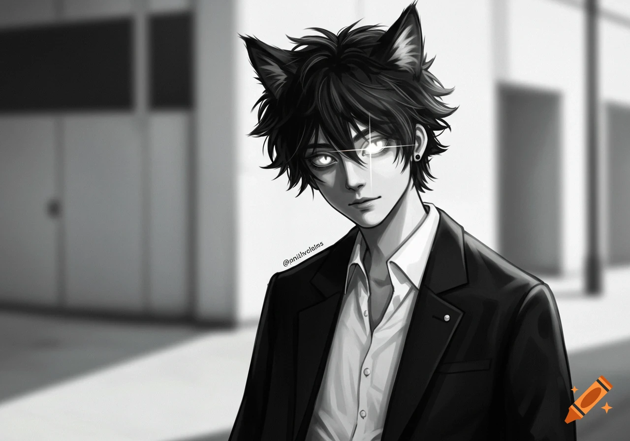 Black and white anime illustration of a man with cat ears, glowing eyes, messy hair, wearing a white shirt and black suit.