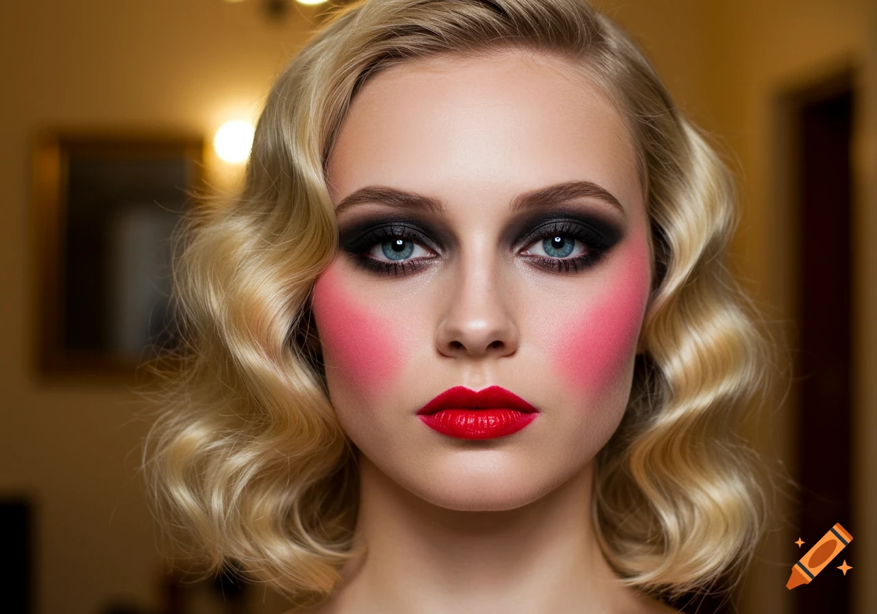 Photorealistic portrait of a woman with blonde hair, red lipstick, black eyeshadow, and red blush.