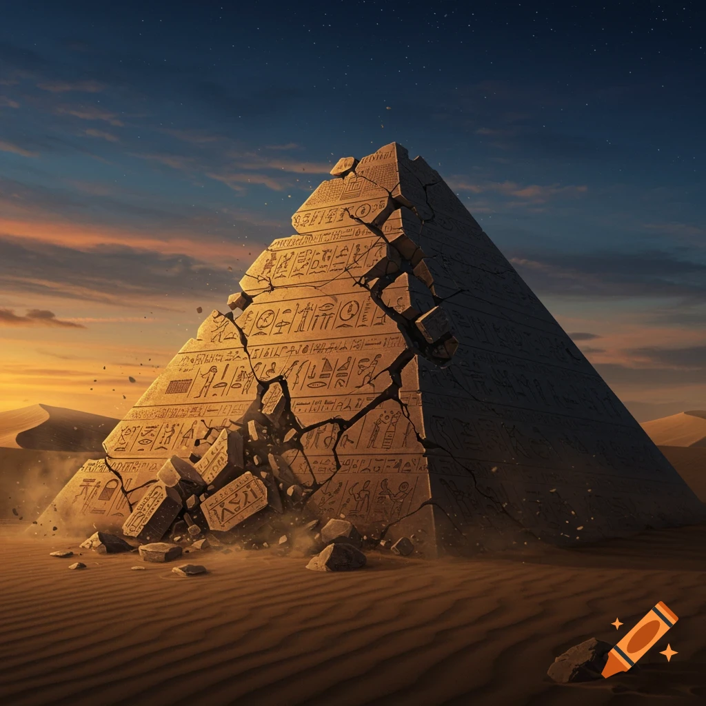 A massive stone pyramid crumbles in a desert landscape under an orange and blue sky. Hieroglyphs are carved into its collapsing sides.