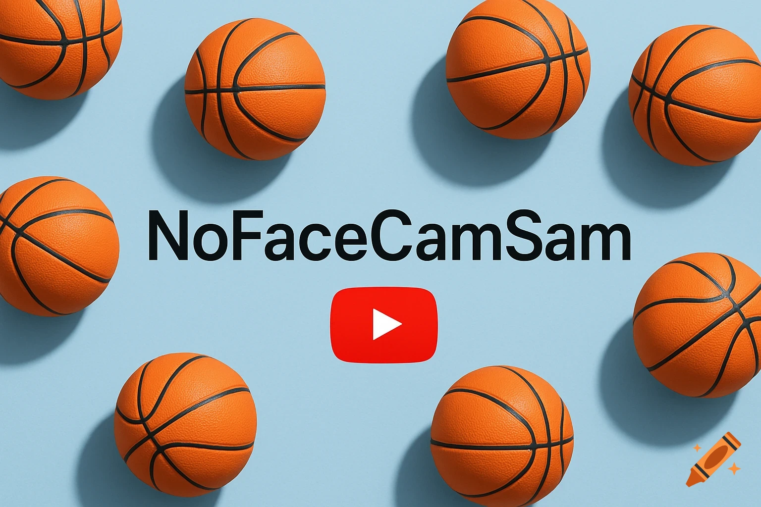 Eight basketballs surrounding the text 'NoFaceCamSam' and a YouTube play button on a light blue background.